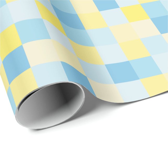 Presente Papel de envolvimento azul e amarelo dos quadrados (Ponta do rolo)