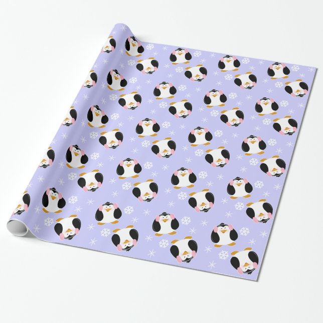Presente Papel de envolvimento da menina do pinguim (Lilac) (Desenrolado)