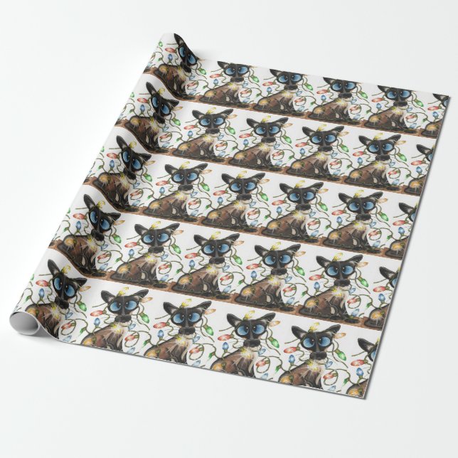 Presente Papel de envolvimento das luzes de Natal do gato (Desenrolado)
