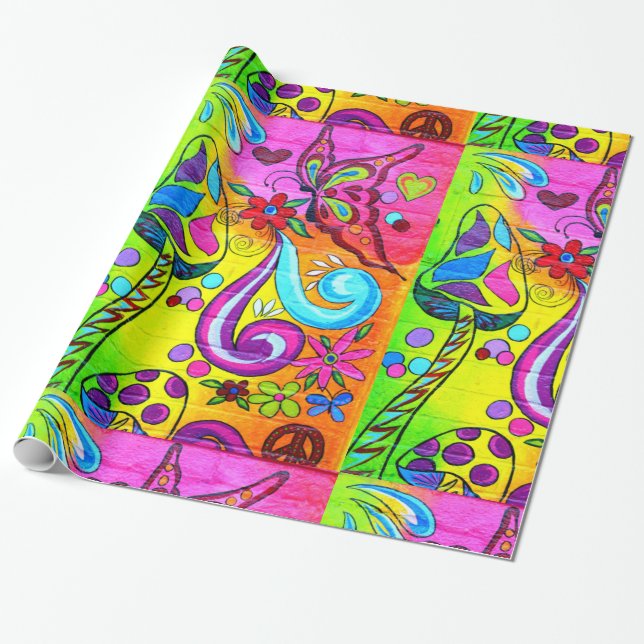 Presente papel de envolvimento mágico do cogumelo do hippie (Desenrolado)