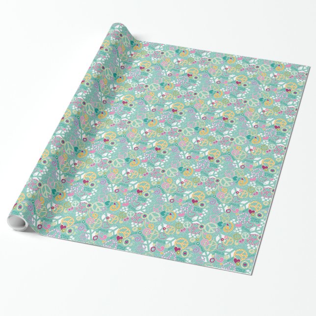 Presente Papel de envolvimento na moda da paz e do amor (Desenrolado)