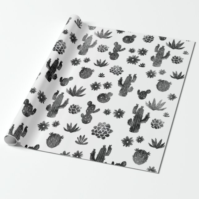 Presente Papel de envolvimento preto e branco do cacto (Desenrolado)