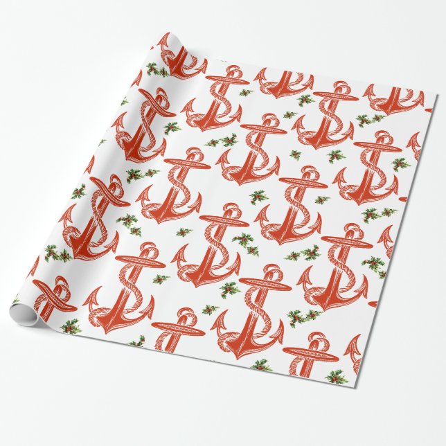 Presente Papel de envolvimento vermelho do Natal da âncora (Desenrolado)