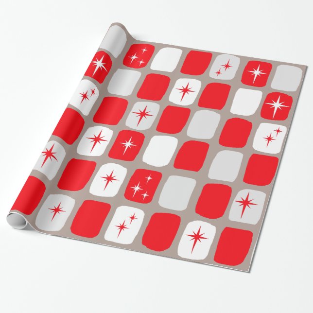 Presente Papel de envolvimento vermelho retro de Starbursts (Desenrolado)