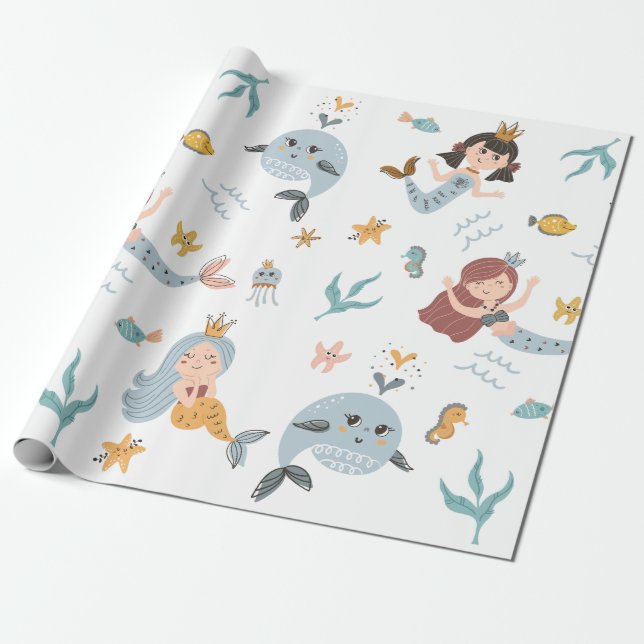 Presente Papel de estuque de baleias e princas de sereia (Desenrolado)