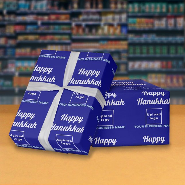 Presente Papel de moldagem azul do Hanukkah para empresas (Hanukkah greeting, business name and logo on blue wrapping paper)