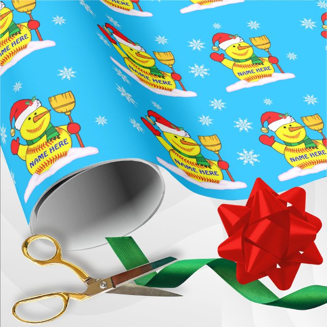 Presente Papel de moldagem de Softball Snowman de Softball  (Softball christmas wrapping paper. Wow your softball players with Personalized Softball Gift Wrap.)