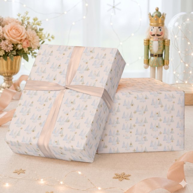 Presente Papel de Natal Árvore de Pinheiro Floco de Neve In (Watercolor Pine Tree Snowflake Winter Christmas Wrapping Paper)