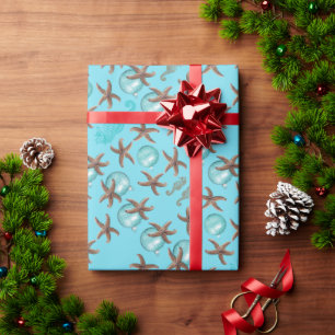 Presente Papel de Natal com Estrelas do Mar Azul Marinho