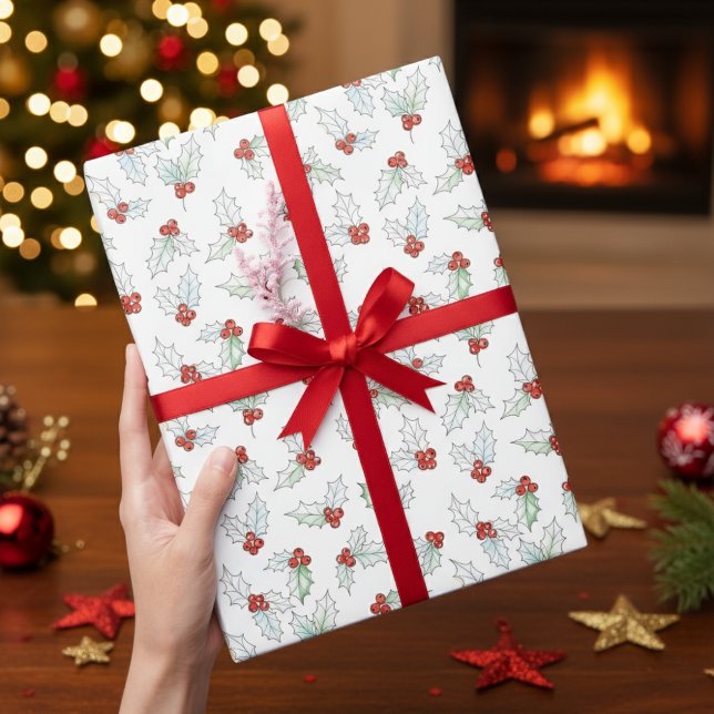 Presente Papel de Natal com Folhas de Azevinho e Bagas Verm (Criador carregado)