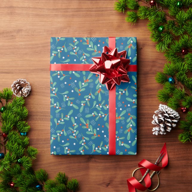 Presente Papel de Natal com Folhas e Frutas Vermelhas Azul  (Presente de Natal)