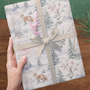 Presente Papel de Natal Raposa de Inverno e Árvores de Pinh