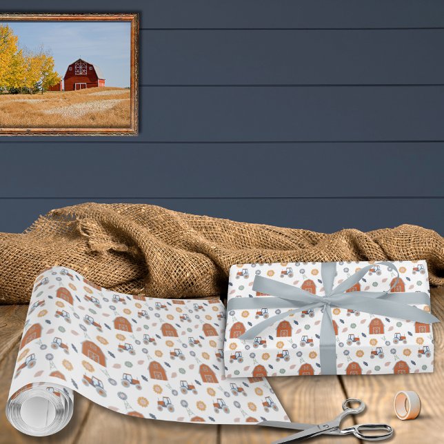 Presente Papel de ondulação de aniversário de fazenda (Farm Animal Birthday Wrapping Paper Barn Tractor Pattern)
