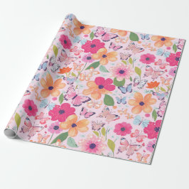 Presente Papel de Presente, Flores Rosa e Borboletas