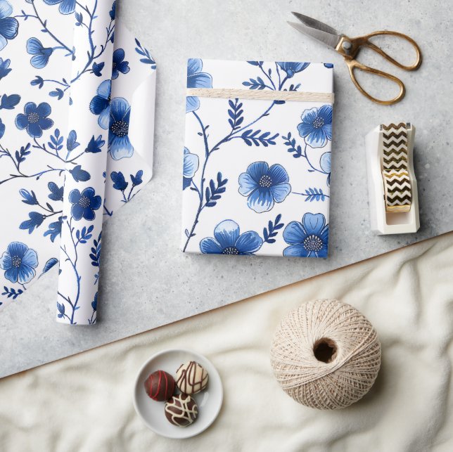 Presente Papel de seda com padrões florais azuis French Cot (Artesanato)