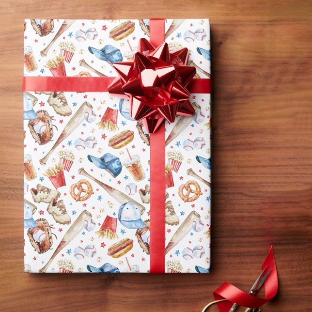 Presente Papel de Wrapap de Aniversário com Padrão de Baseb (Red White & Blue Baseball Themed Birthday Party Wrapping Paper)