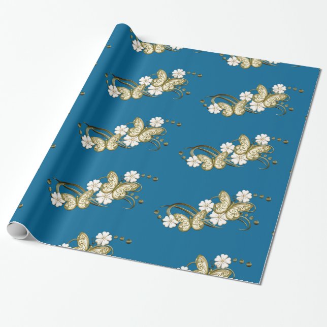 Presente Papel Dourado de empacotamento de padrão floral (Desenrolado)