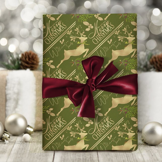 Presente Papel Elegante de Envolvimento para o Natal Feliz (elegant green and gold Christmas wrapping paper with personalized name or text)