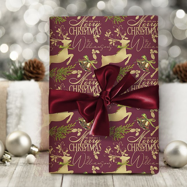 Presente Papel Elegante de Envolvimento para o Natal Feliz (elegant burgundy red and gold Christmas wrapping paper with personalized name or text)