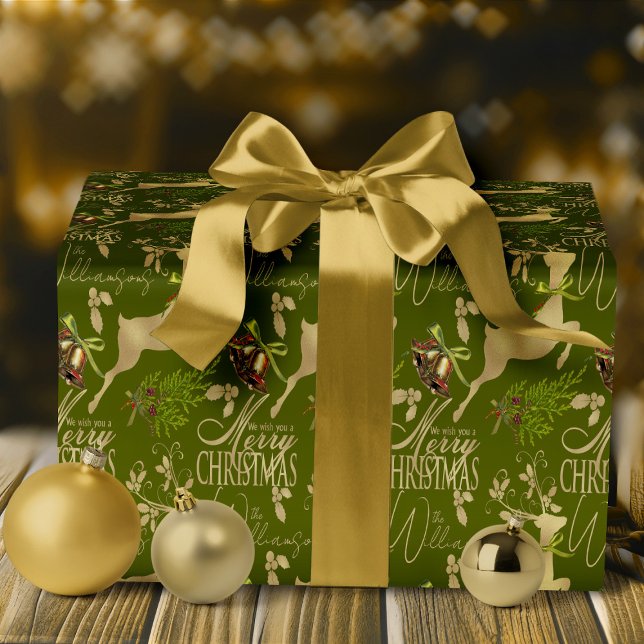 Presente Papel Elegante de Envolvimento para o Natal Feliz (elegant white and gold holiday reindeer with personalized name Christmas Wrapping Paper)