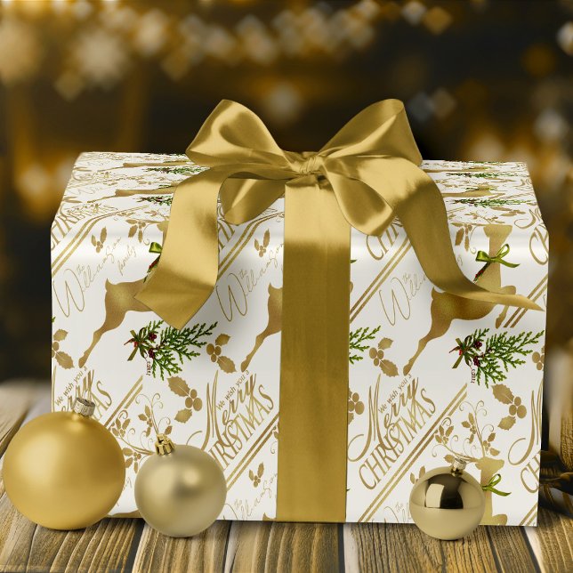 Presente Papel Elegante de Envolvimento para o Natal Feliz (elegant white and gold holiday reindeer with personalized name Christmas Wrapping Paper)