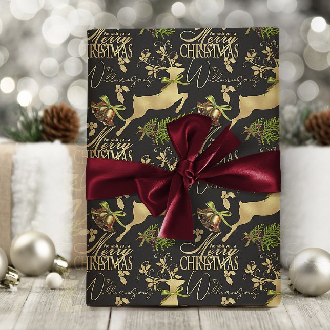 Presente Papel Elegante de Envolvimento para o Natal Feliz (elegant black and gold Christmas wrapping paper with personalized name or text)