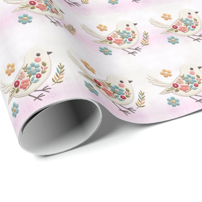 Presente Papel Floral de Ave Branca (Ponta do rolo)