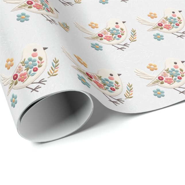 Presente Papel Floral de Ave Branca (Ponta do rolo)