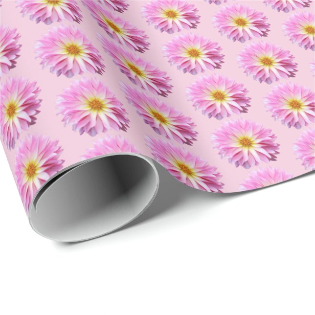 Presente Papel Floral de Dahlia Rosa com Flores (Ponta do rolo)