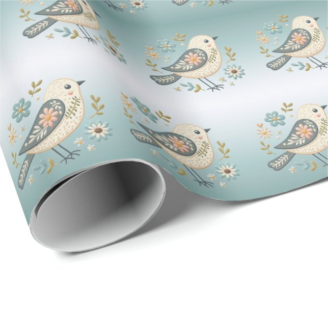 Presente Papel Floral de Pequeno Pássaro Verde (Ponta do rolo)