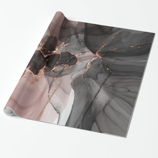PRESENTE PAPEL FLUTUANTE DE ROSA DE LAVAGEM DE TINTA PRETA  (Desenrolado)