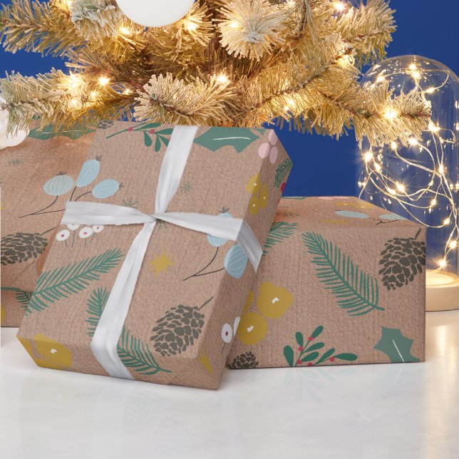 Presente Papel Kraft com Padrão de Folhagem de Natal Oversi (Feriados)