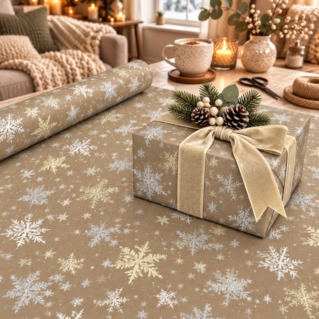 Presente Papel Kraft Rústico Branco Prata Dourado Flocos de (Criador carregado)