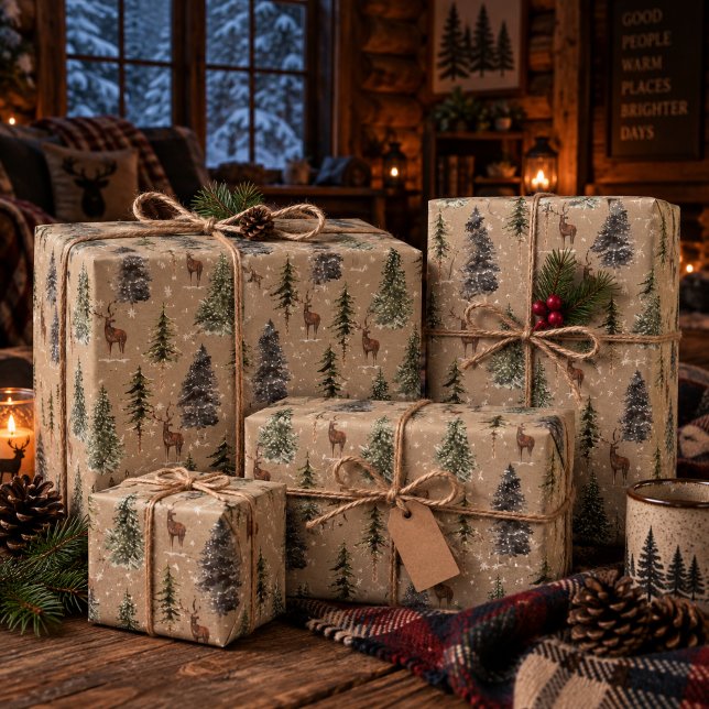 Presente Papel Kraft Rústico de Inverno com Árvores de Abet (Criador carregado)