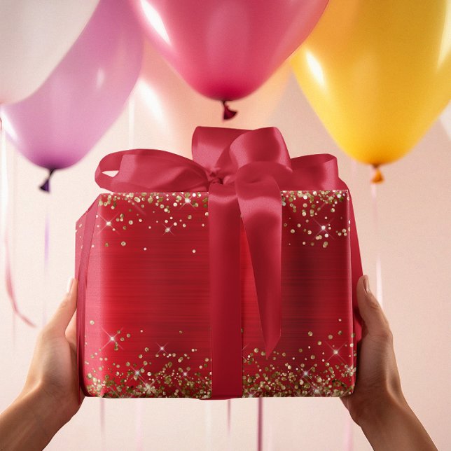 Presente Papel Laminado Vermelho Gradiente de Férias com Br (Gold Glitter Holiday Red Ombre Foil Wrapping Paper)