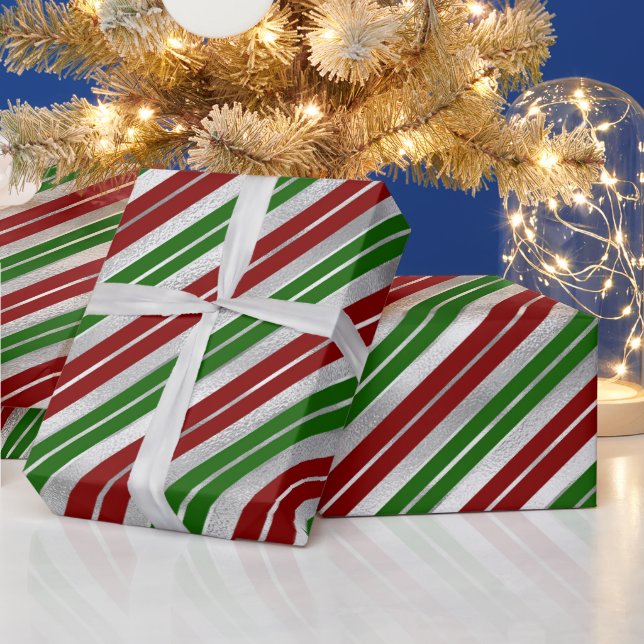 Presente Papel Prateado de Festa, Listras de Natal Verdes e (Feriados)