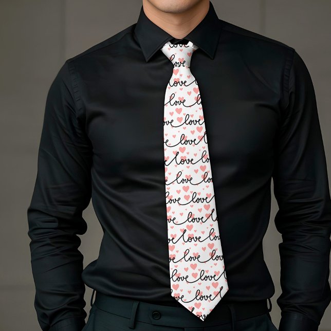 Presente para Homem Amor Texto Gravata Coração Ros (Gift for Man Love Text Pink Black Heart Tie)