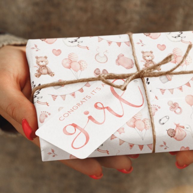 Presente Parabéns, é uma etiqueta de presentes para garotas (Congratulate the new parents with this lovely personalized, "It's a girl" bear gift tag! )