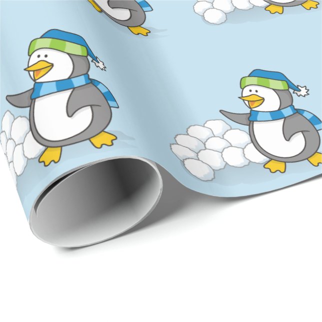 Presente Pequeno pinguim com bolas de neve balançando papel (Ponta do rolo)