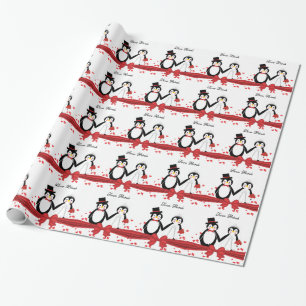 Presente Pinguins bonitos, noiva e papel de ondulação de ca
