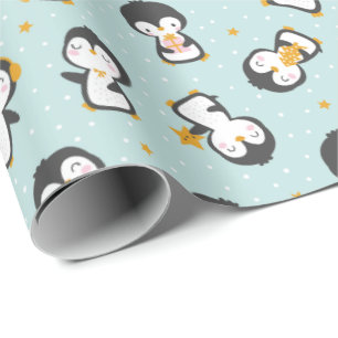 Presente Pinguins de natal bonitos em papel de enrolamento 