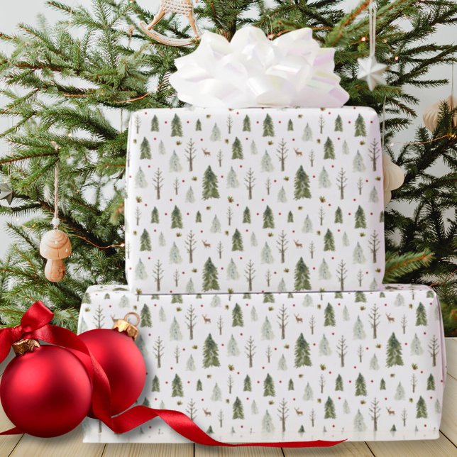 Presente Pinheiros com Aquarela Papel de Moldagem de Natal (Watercolor Pine Trees Christmas Wrapping Paper)