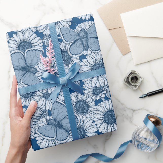Presente Primavera azul, flores silvestres, papel de embrul (Presentear)