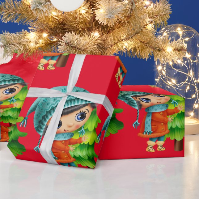 Presente Rapariga de natal com papel de enrolamento de árvo (Feriados)