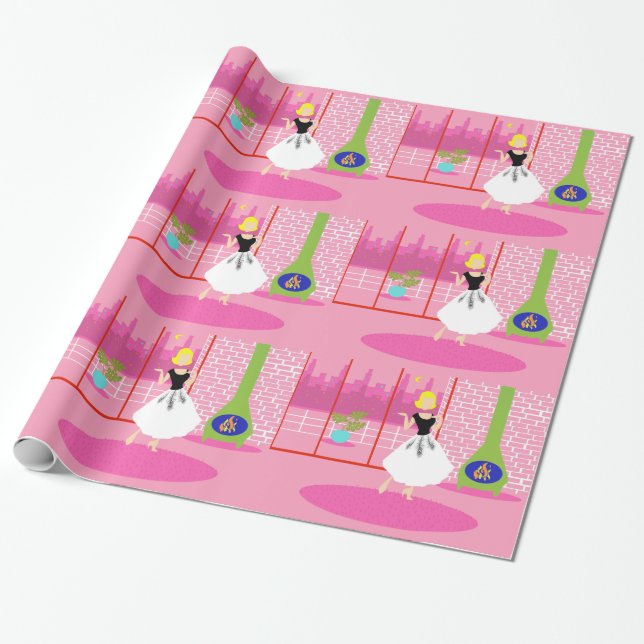 Presente Retro no papel de empacotamento rosa (Desenrolado)