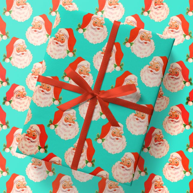 Presente Retro Santa Claus Aqua Papel de Embalagem de Natal (Criador carregado)