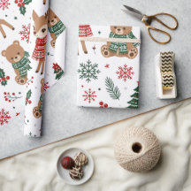 Urso de Inverno Fofo e Padrão de Veado em Papel de