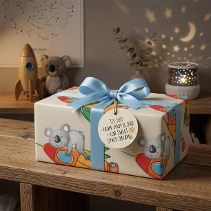 Presente Urso Num Papel De Enrolamento De Foguetes