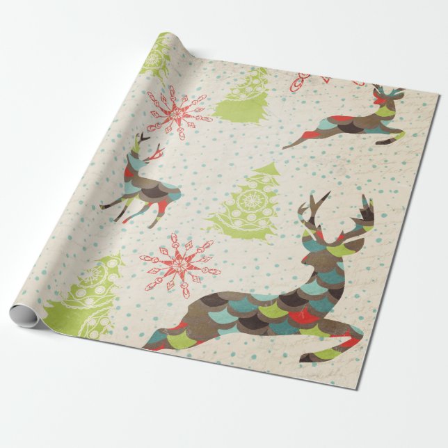 Presente Veado Whimsical, Flocos De Neve, Árvores De Papel (Desenrolado)