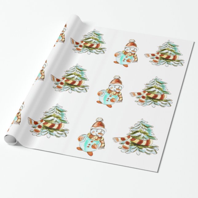 Presente Vintage Snowman e papel de enrolamento de árvores  (Desenrolado)
